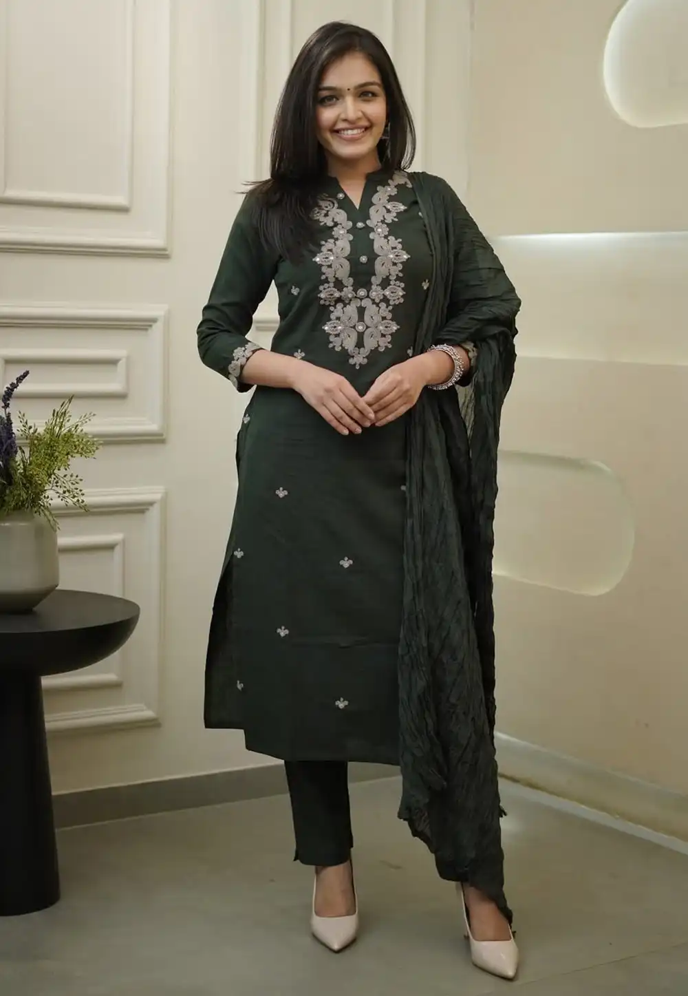 Green Rayon Readymade Pant Style Suit 319313