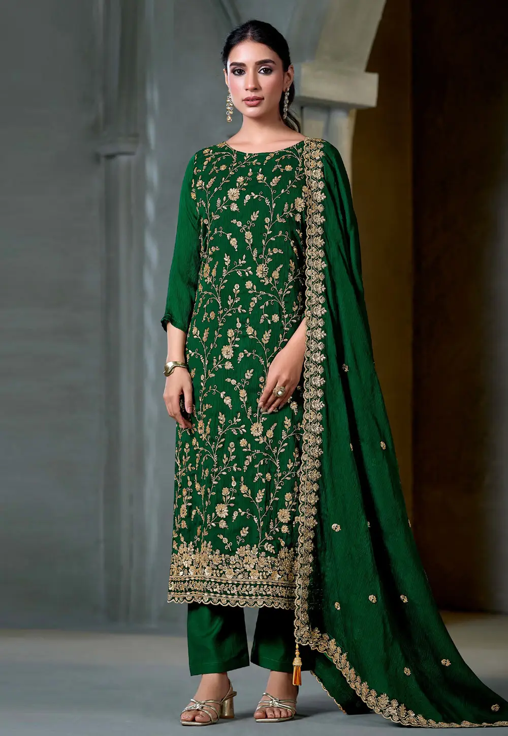 Green Satin Chiffon Embroidered Straight Suit 336773