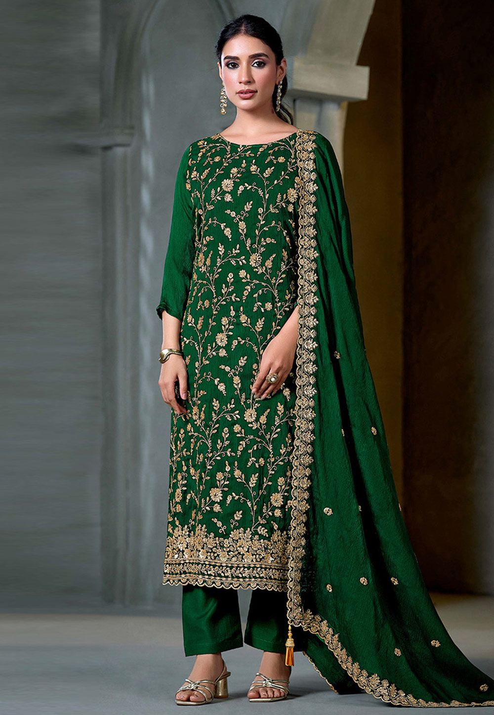 Green Satin Chiffon Pant Style Suit 324830