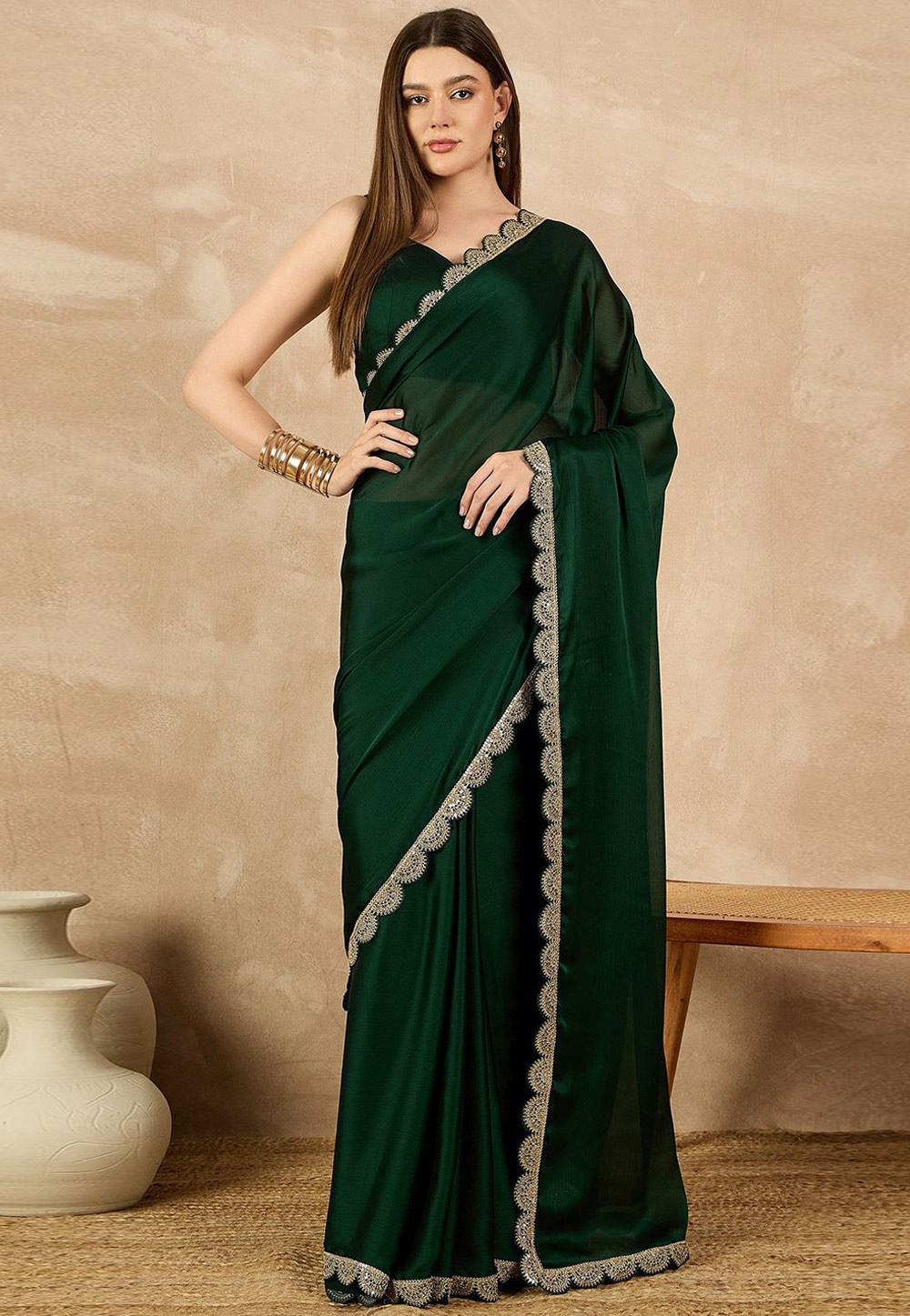 Green Satin Chiffon Saree With Blouse 328615