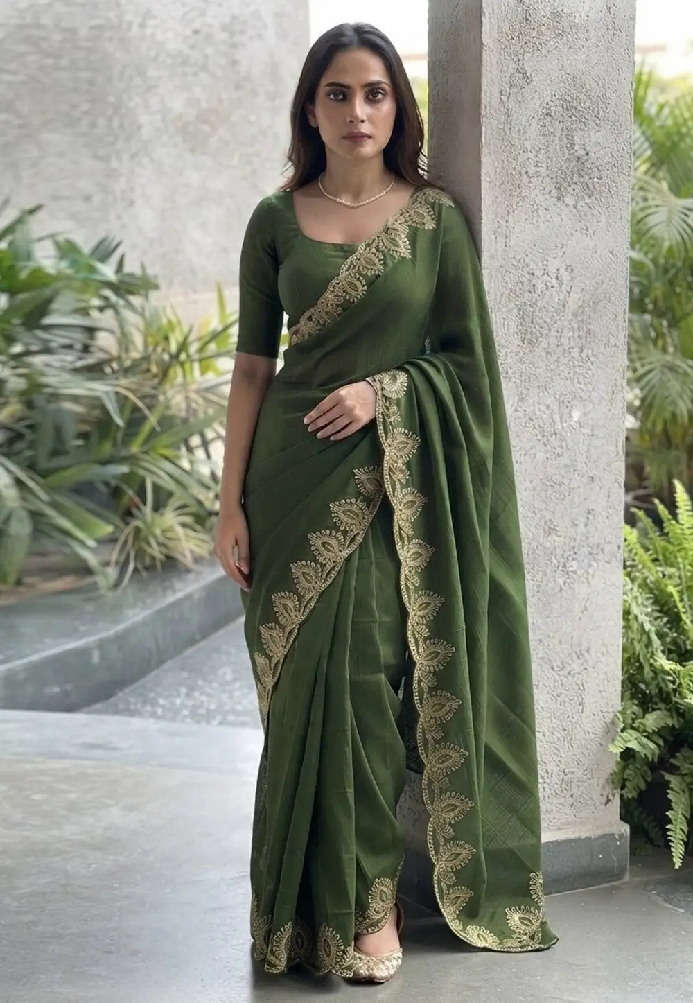 Green Satin Chiffon Saree With Blouse 333604