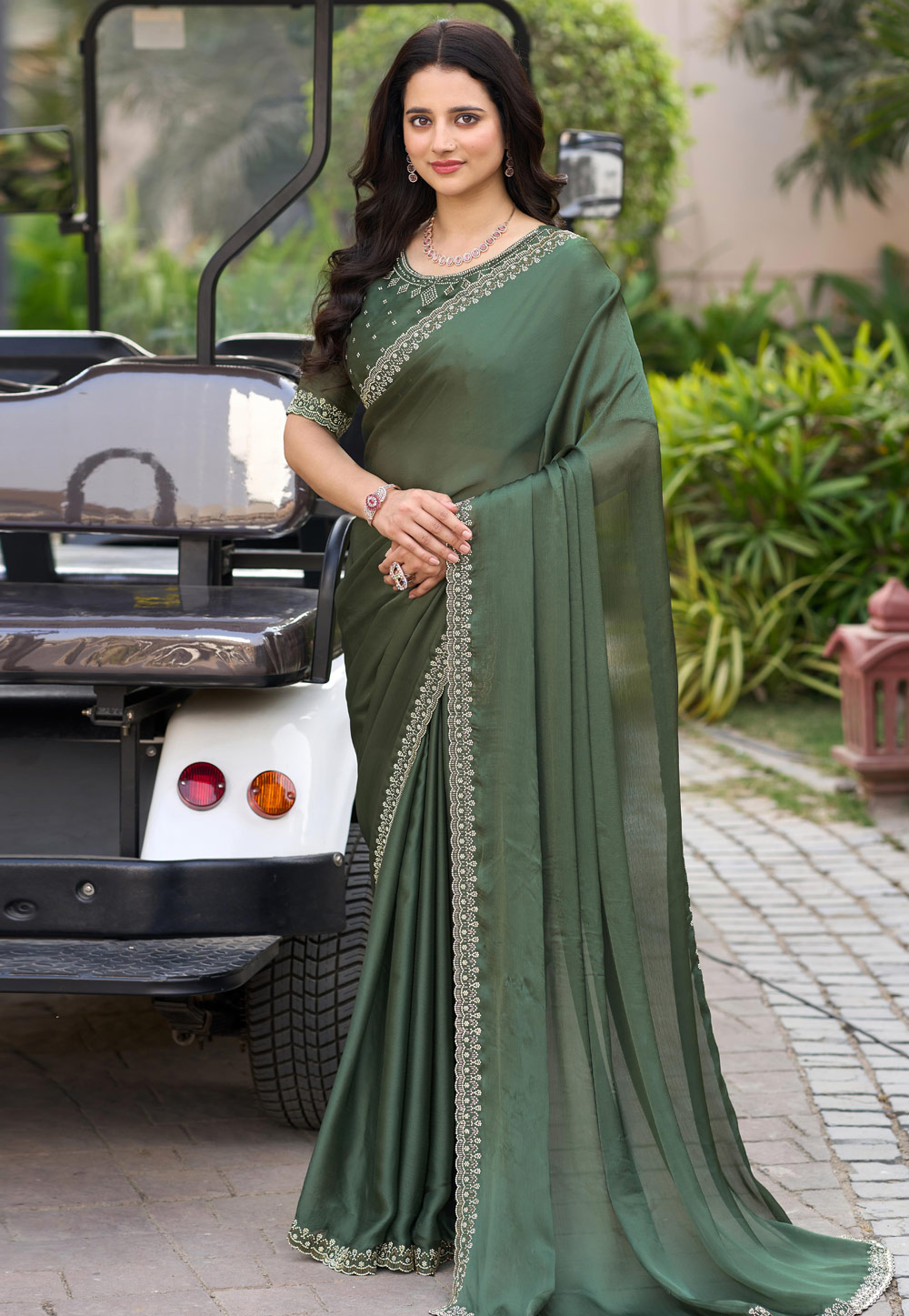 Green Satin Chiffon Saree With Blouse 306749