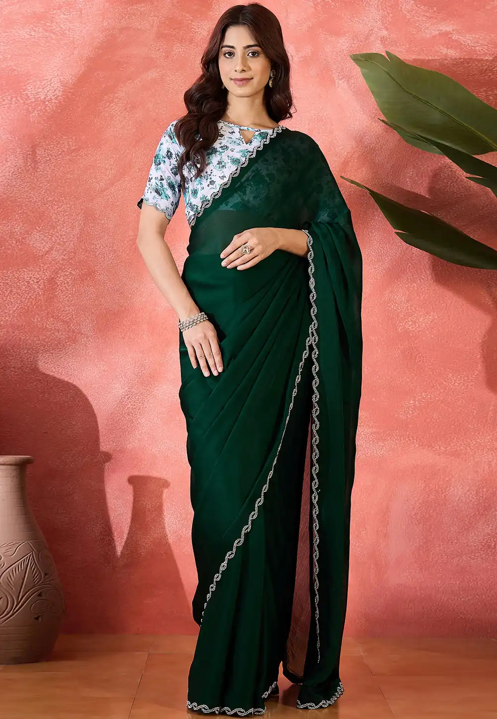Green Satin Chiffon Saree With Blouse 316730