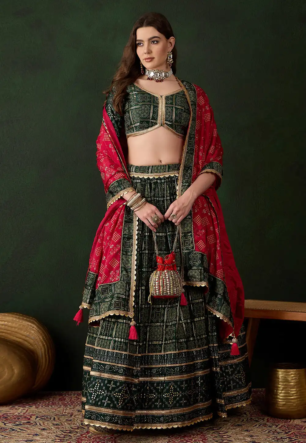 Green Satin Circular Lehenga Choli 313925