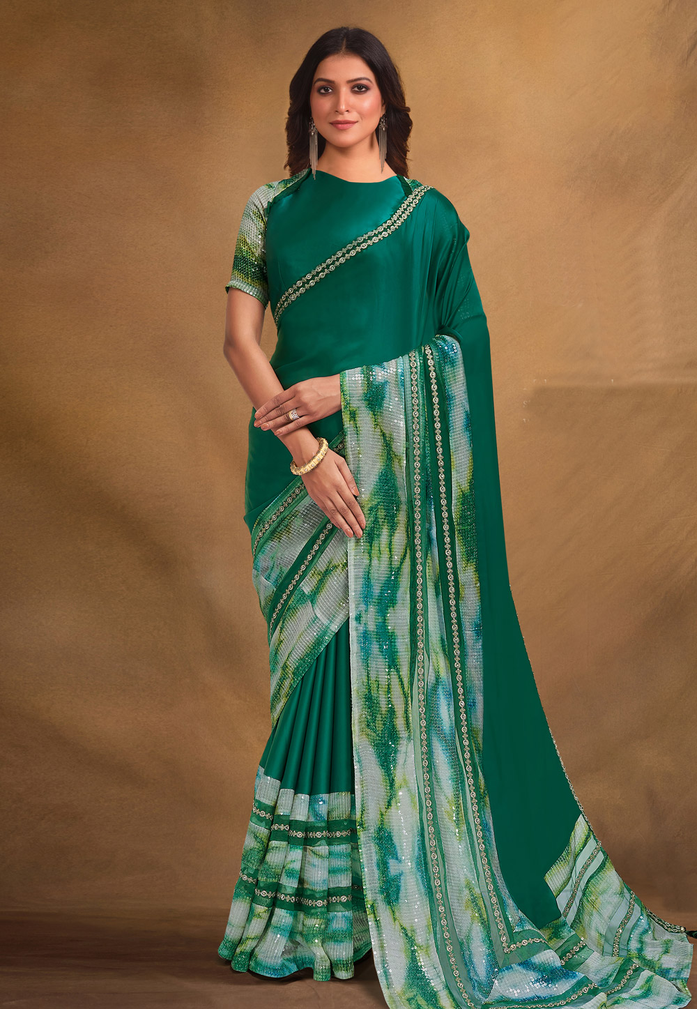Green Satin Crepe Saree With Blouse 287049