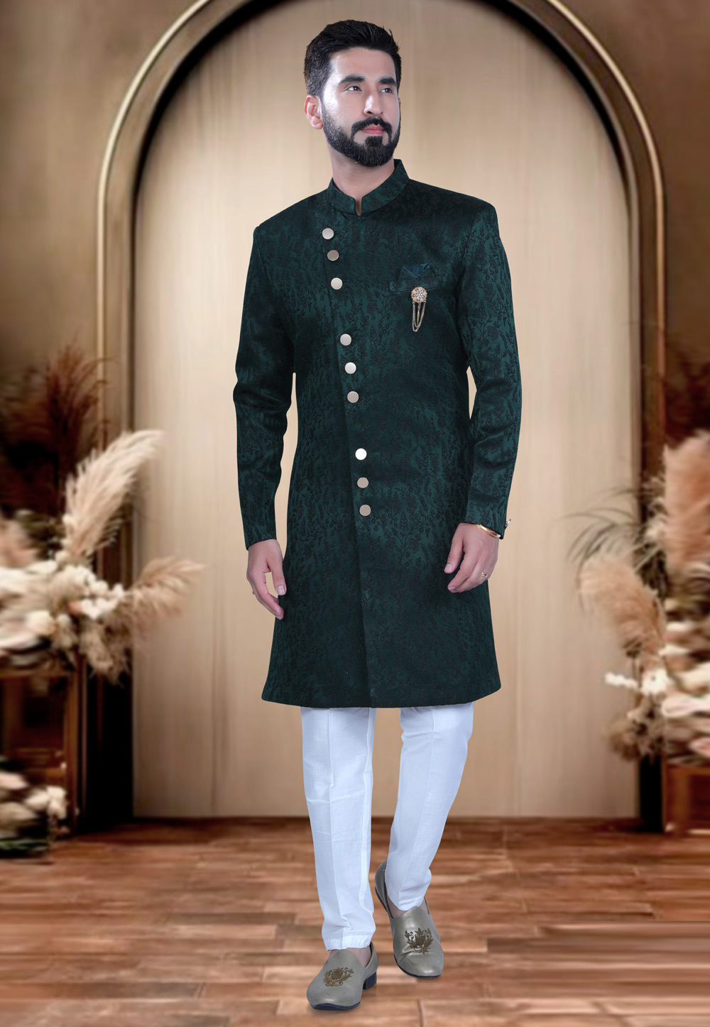 Green Satin Indo Western Sherwani 319682
