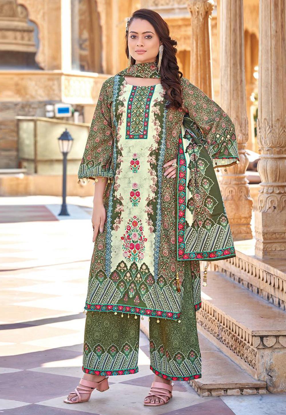 Green Satin Readymade Palazzo Suit 326569