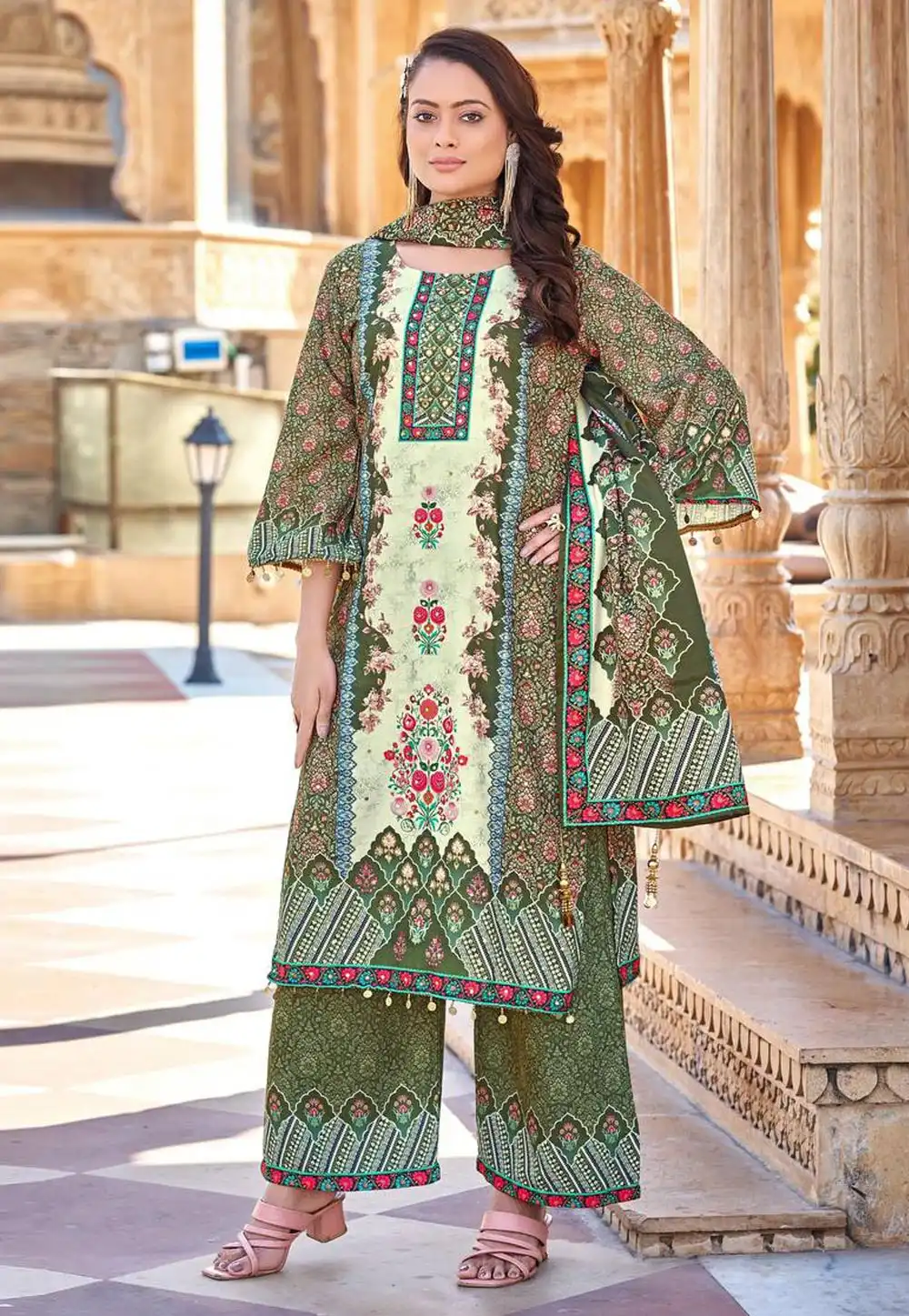 Green Satin Readymade Palazzo Suit 326569