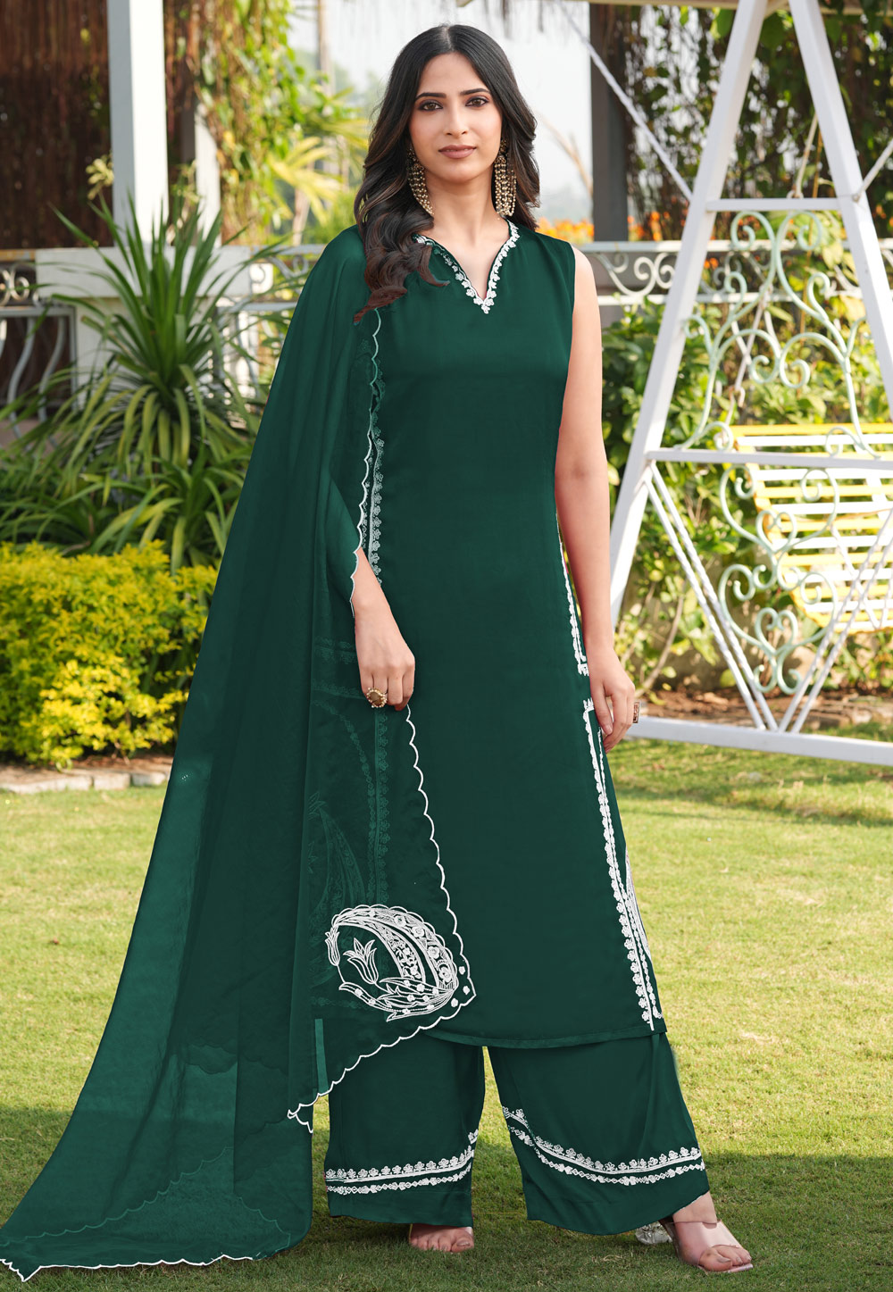 Green Satin Readymade Palazzo Suit 325052