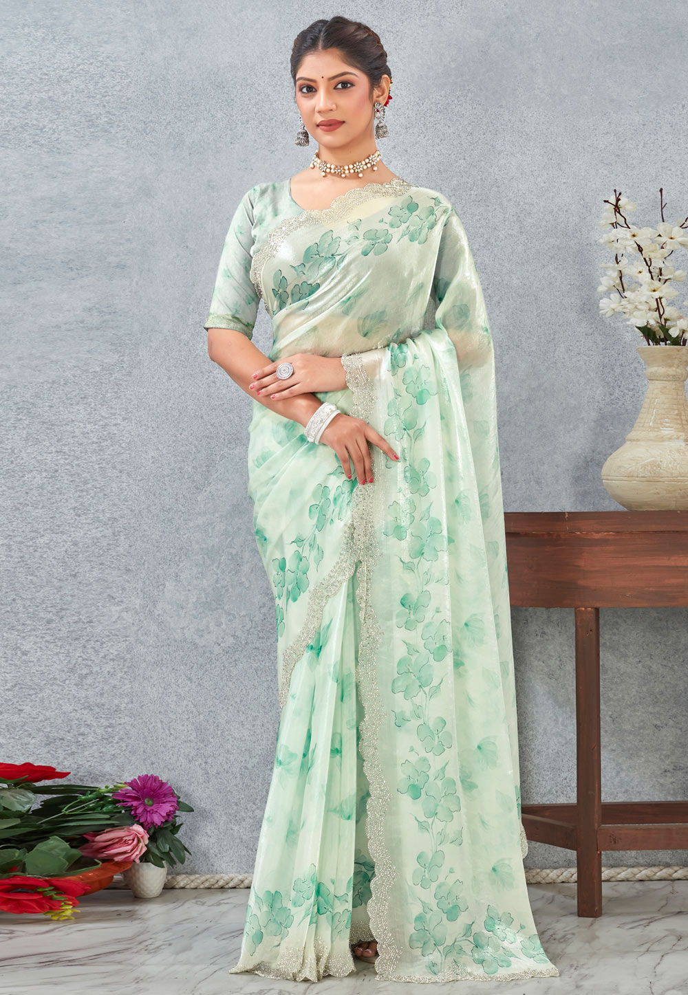 Green Satin Saree With Blouse 318435