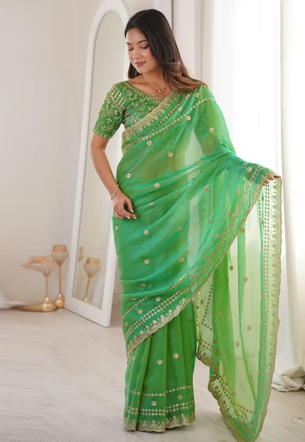 Green Satin Saree With Blouse 329553