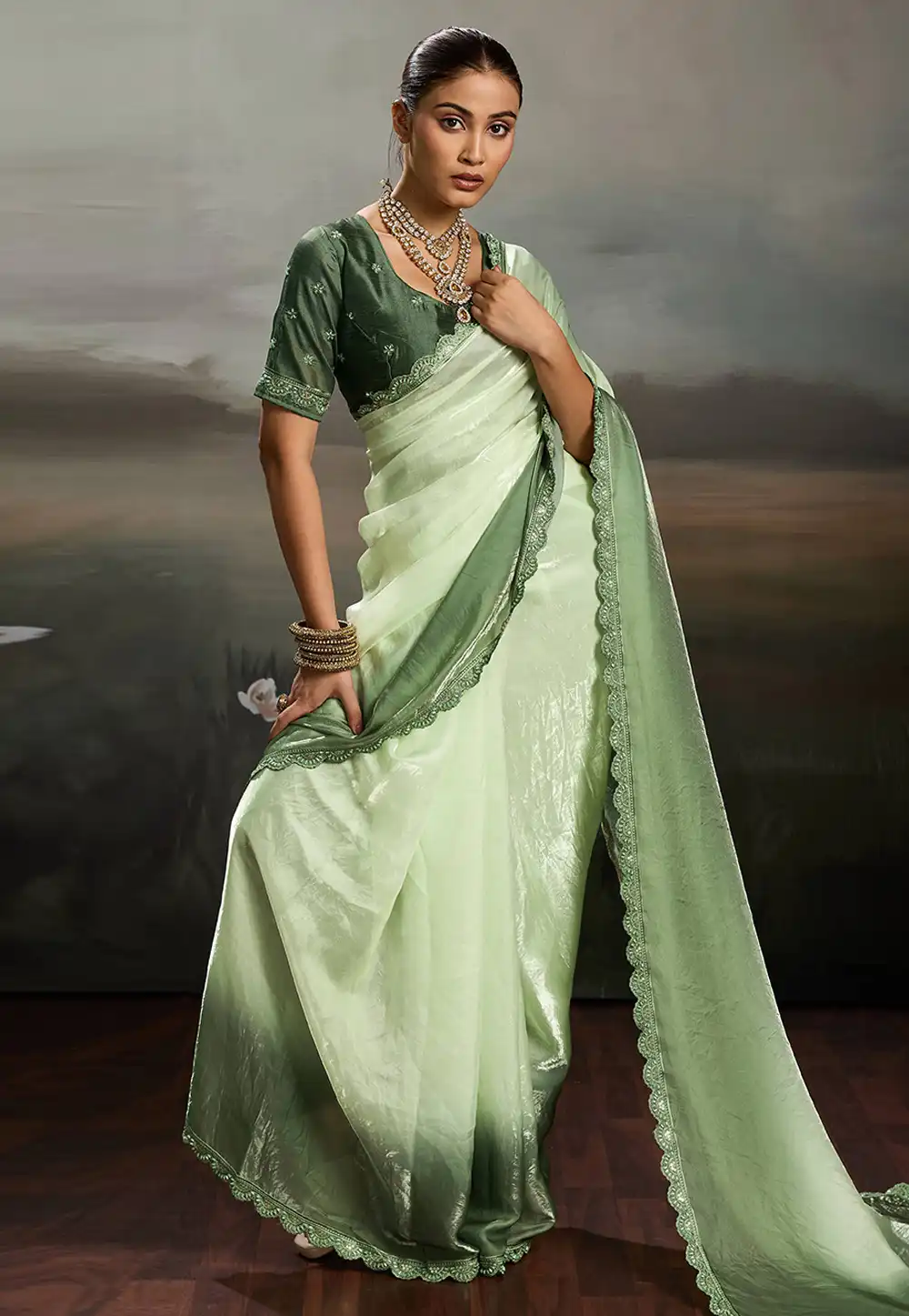 Green Satin Saree With Blouse 330468