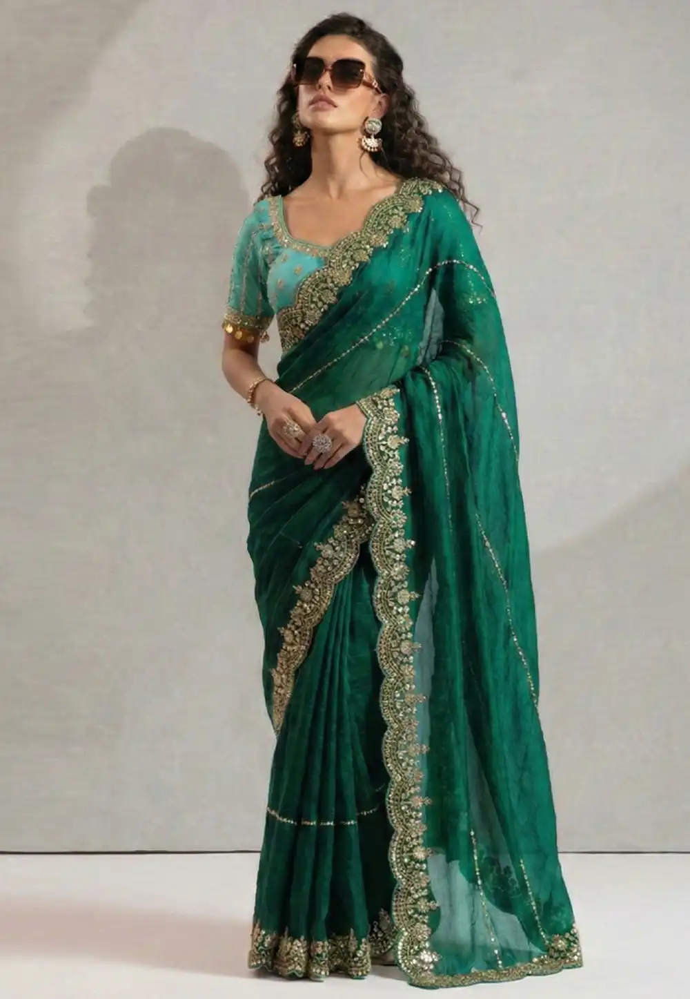 Green Satin Saree With Blouse 330096