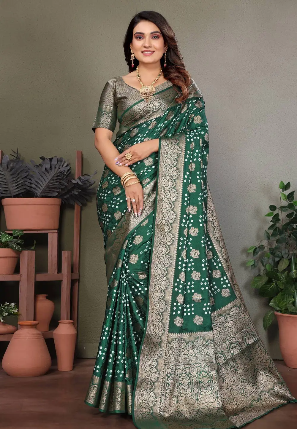Green Satin Silk Bandhani Print Saree 336316