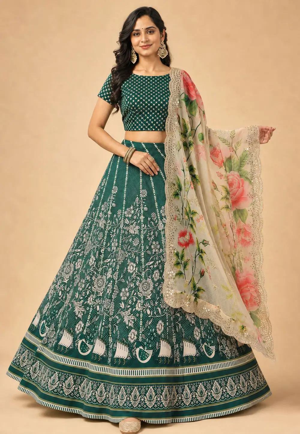 Green Satin Silk Floral Lehenga choli 334819