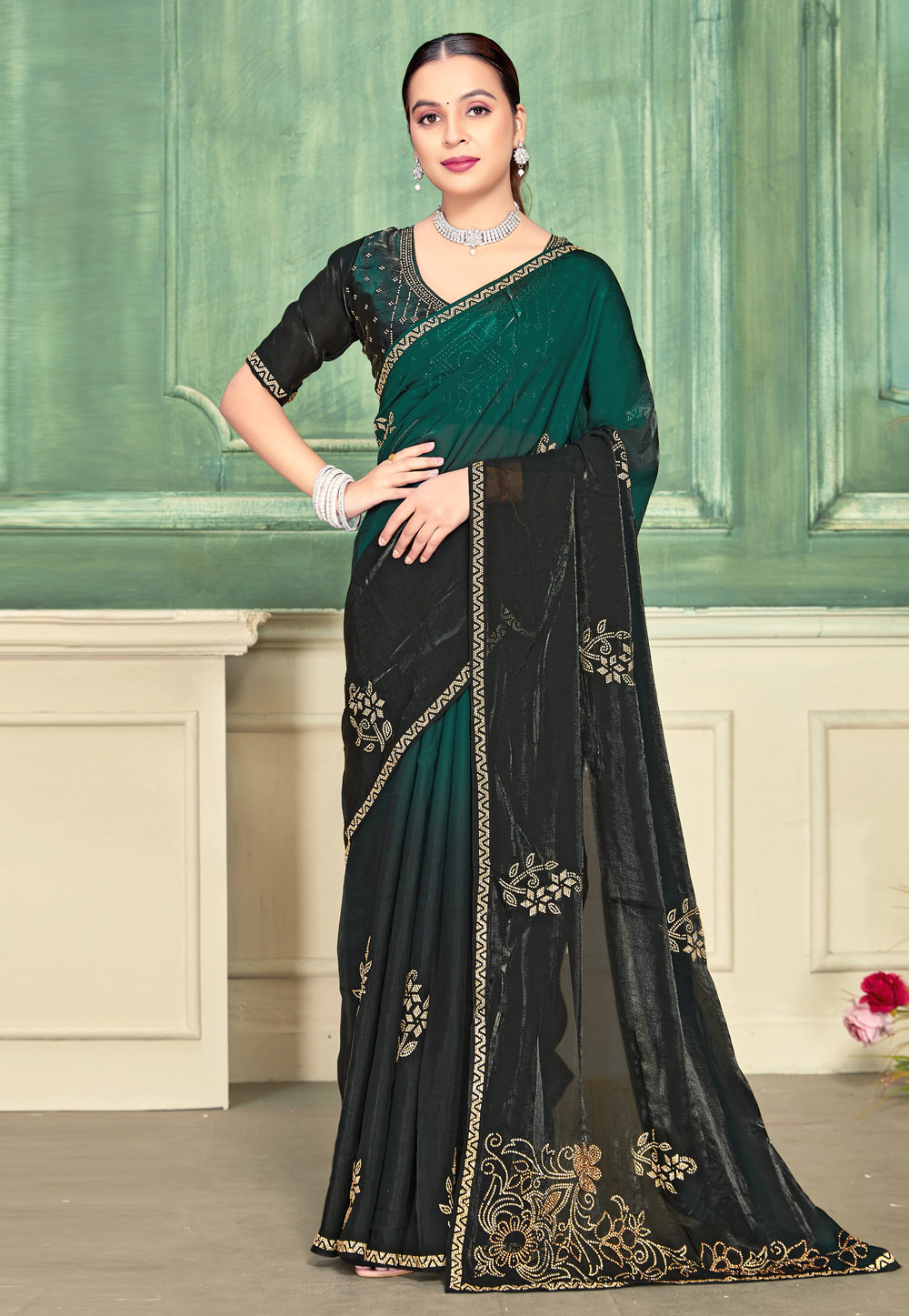 Green Satin Silk Half N Half Saree 319496