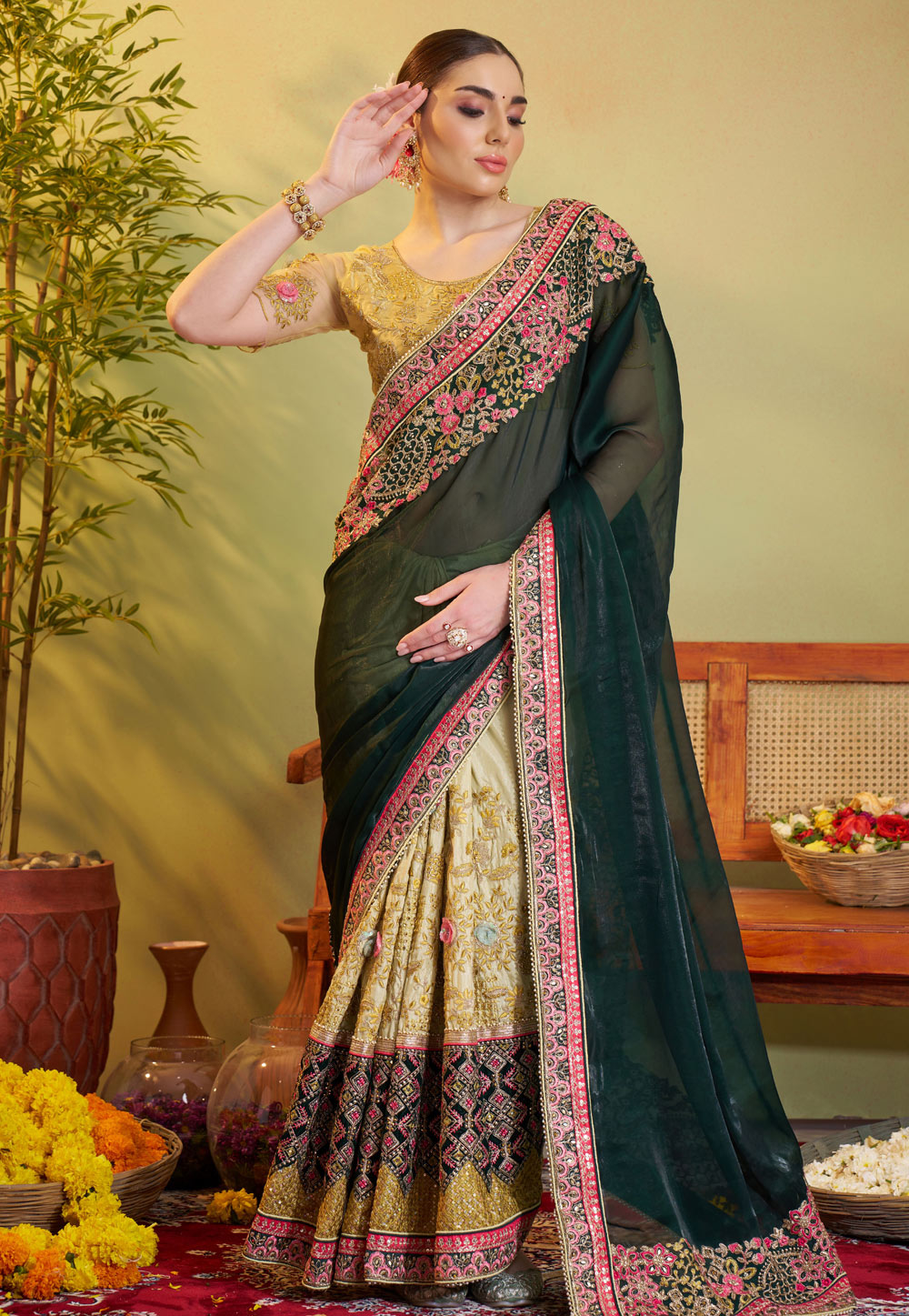 Green Satin Silk Half N Half Saree 306978