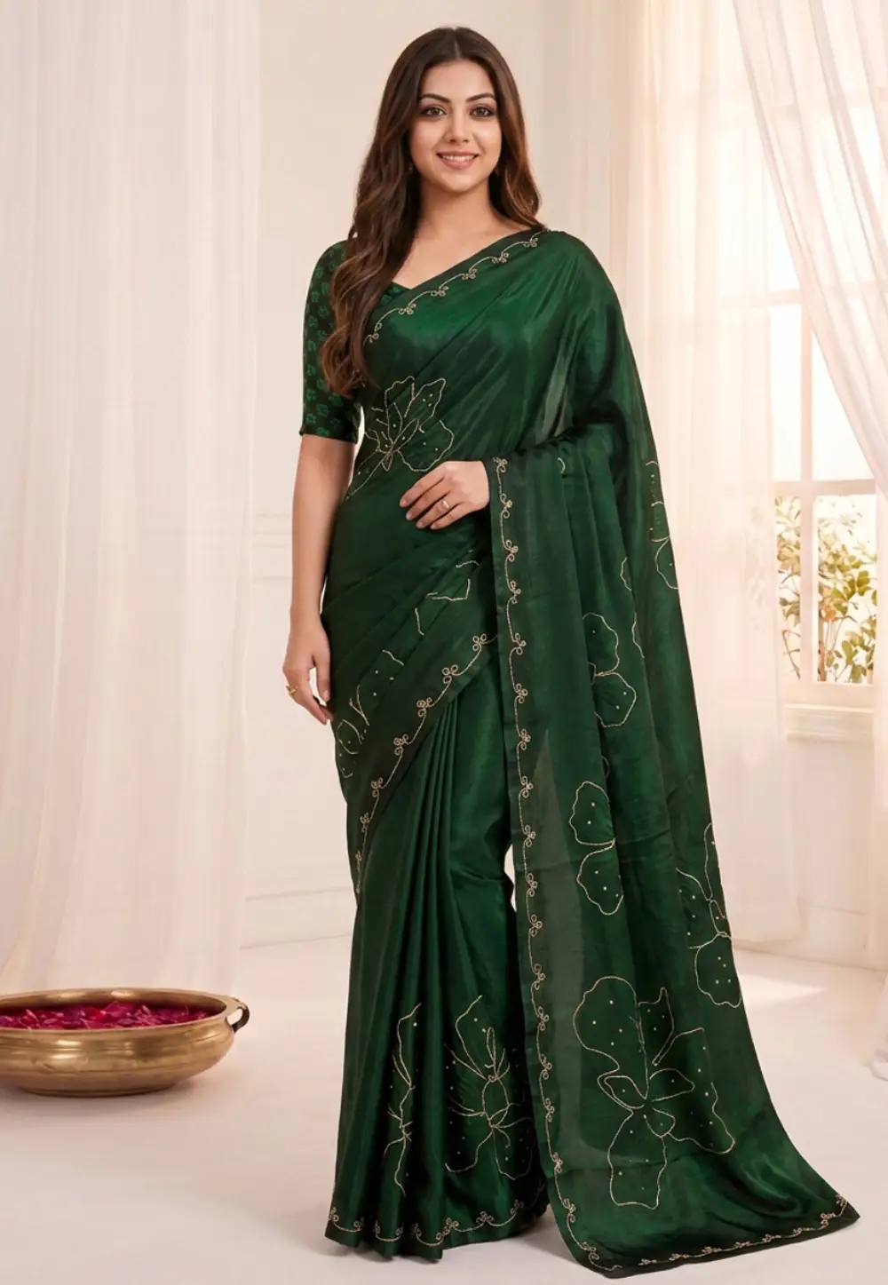 Green Satin Silk Saree With Blouse 336621