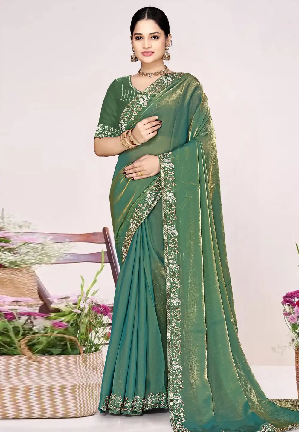 Green Satin Silk Saree With Blouse 326865