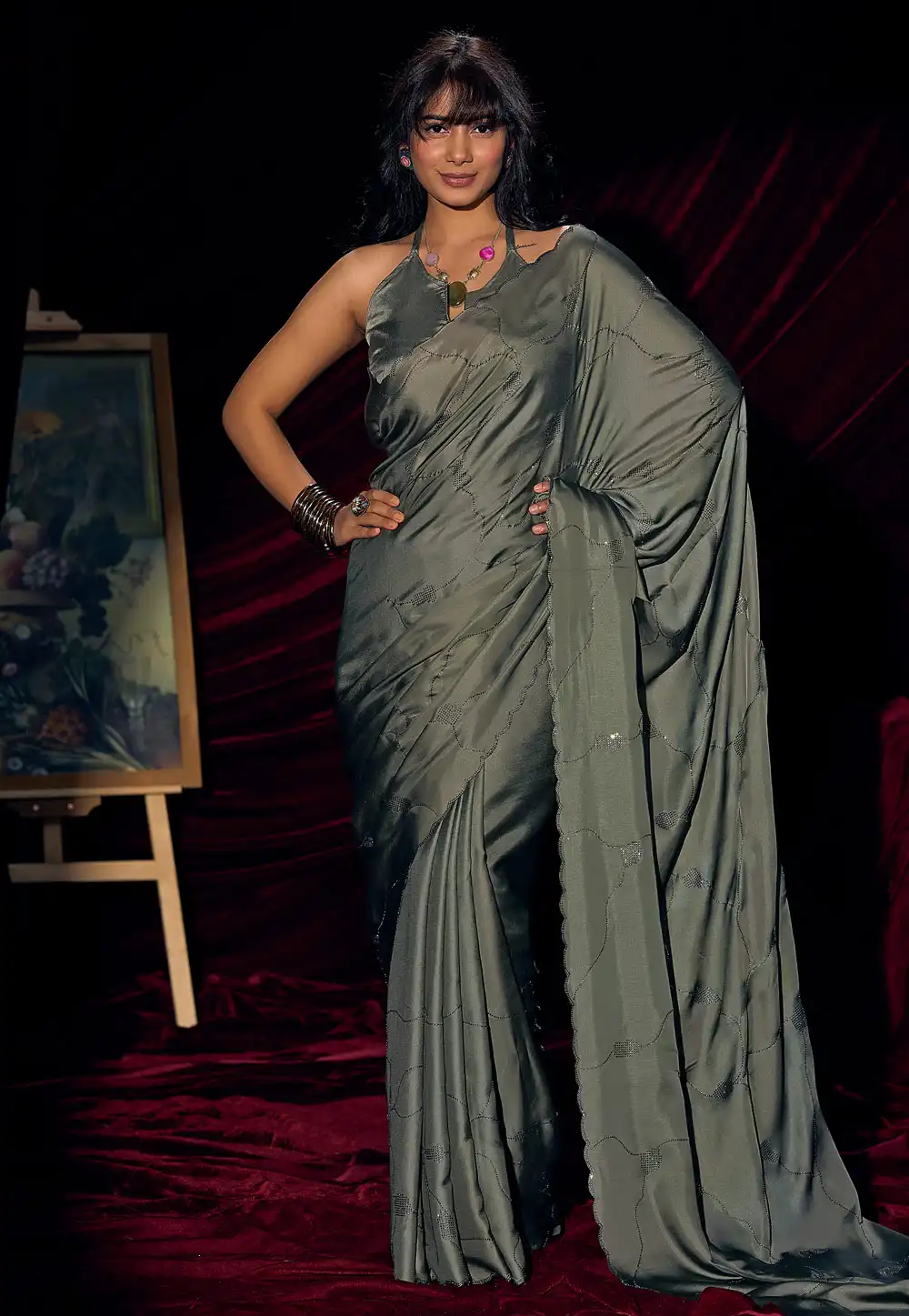 Green Satin Silk Saree With Blouse 327771