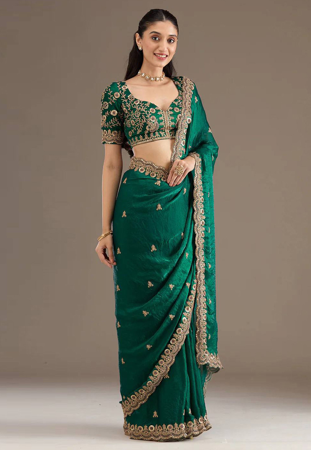 Green Satin Silk Saree With Blouse 319442