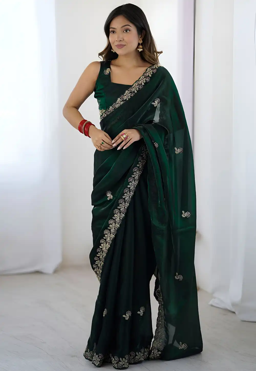 Green Satin Silk Saree With Blouse 326672
