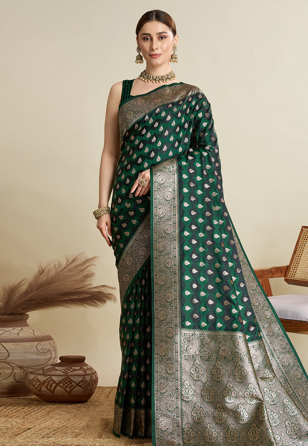 Green Satin Silk Saree With Blouse 311602