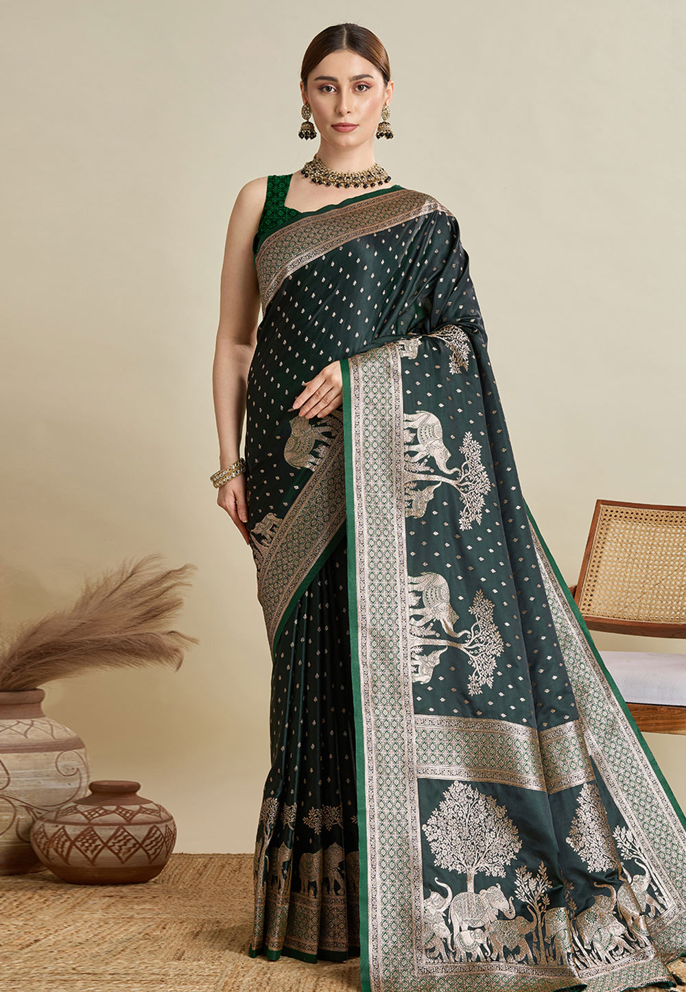 Green Satin Silk Saree With Blouse 311802