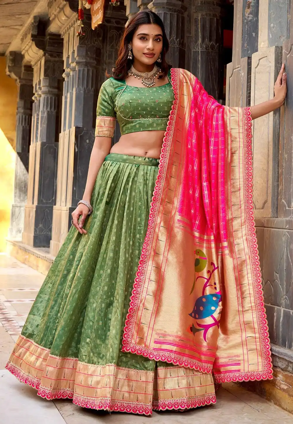 Green Shimmer Circular Lehenga Choli 325928