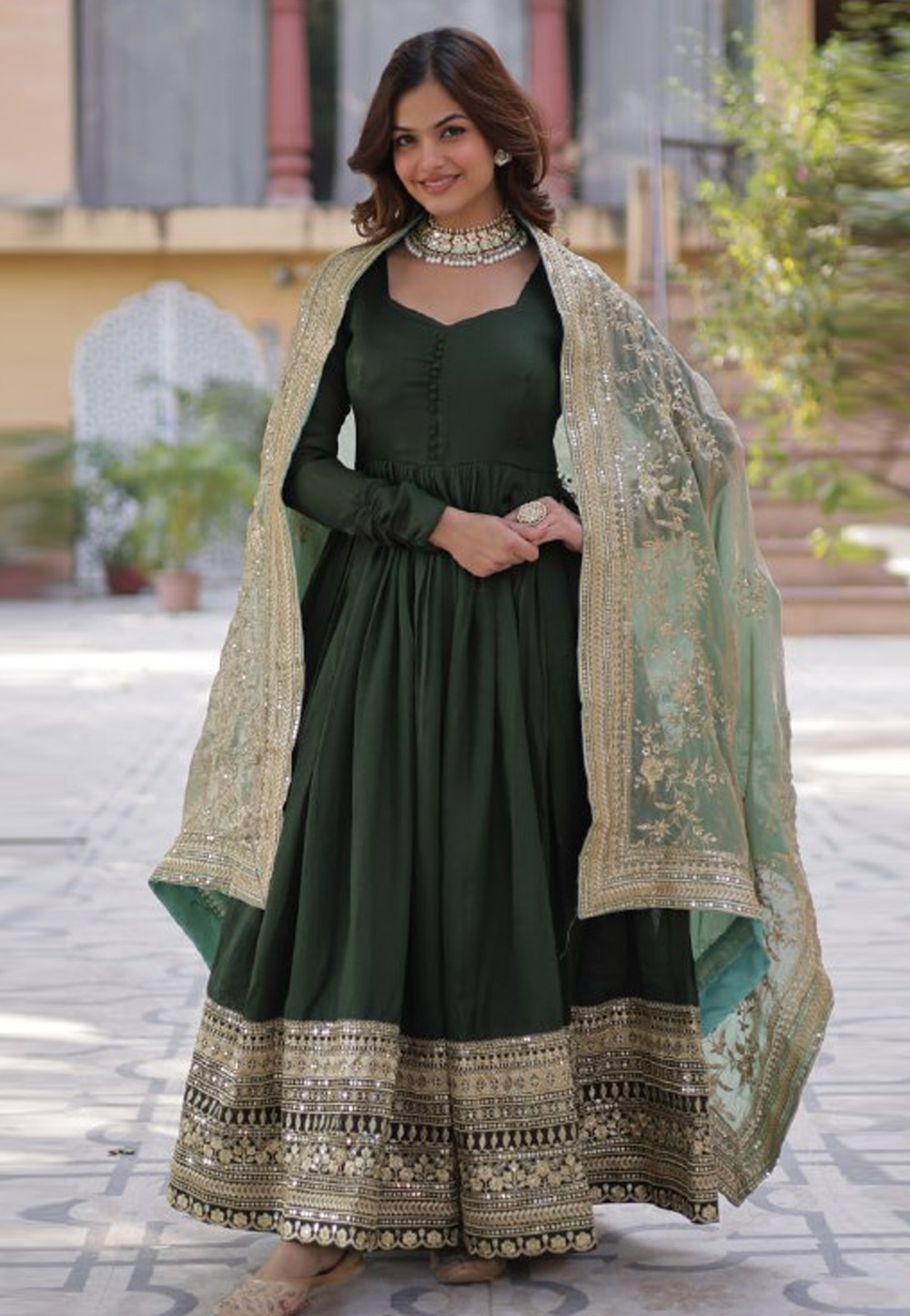 Green Shimmer Readymade Long Anarkali Suit 306332