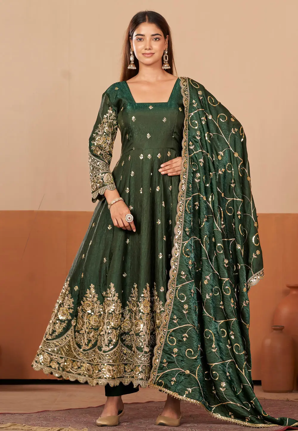 Green Shimmer Readymade Long Anarkali Suit 334835