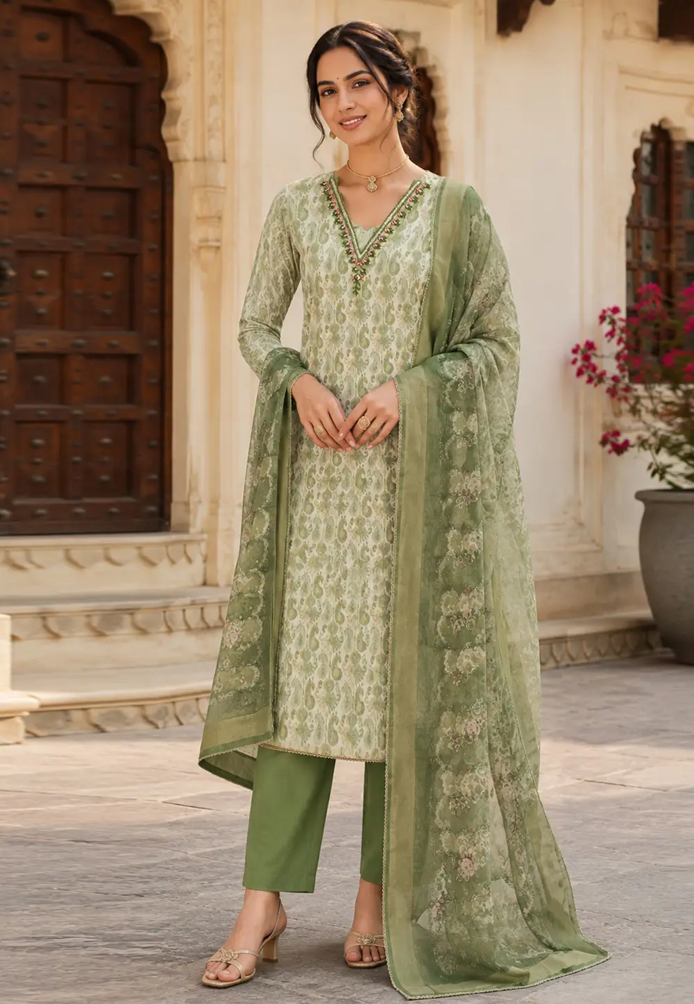 Green Shimmer Straight Suit 335164
