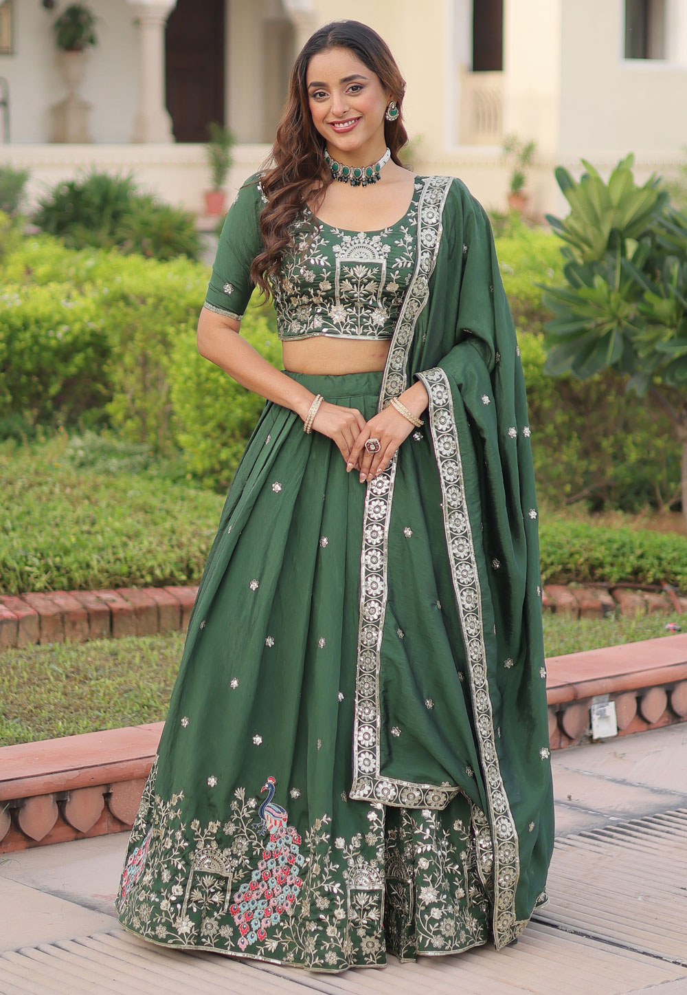 Green Silk A Line Lehenga Choli 326343