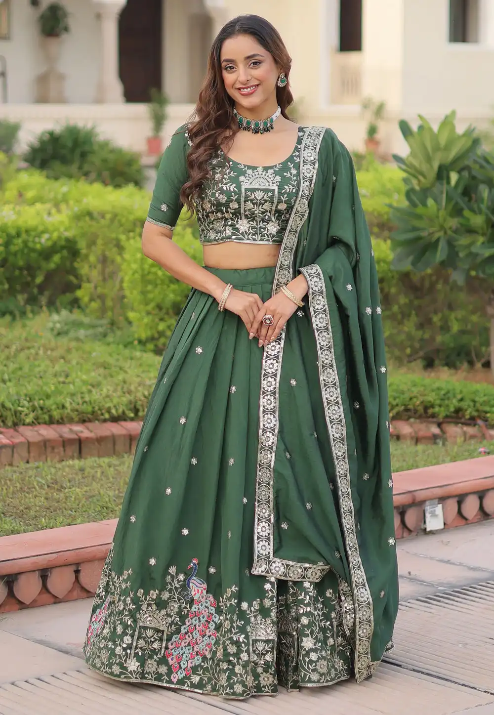 Green Silk A Line Lehenga Choli 326343