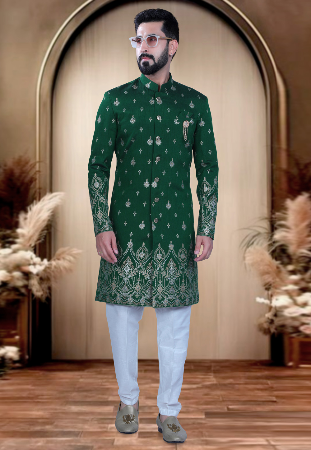 Green Silk Achkan Style Sherwani 319695