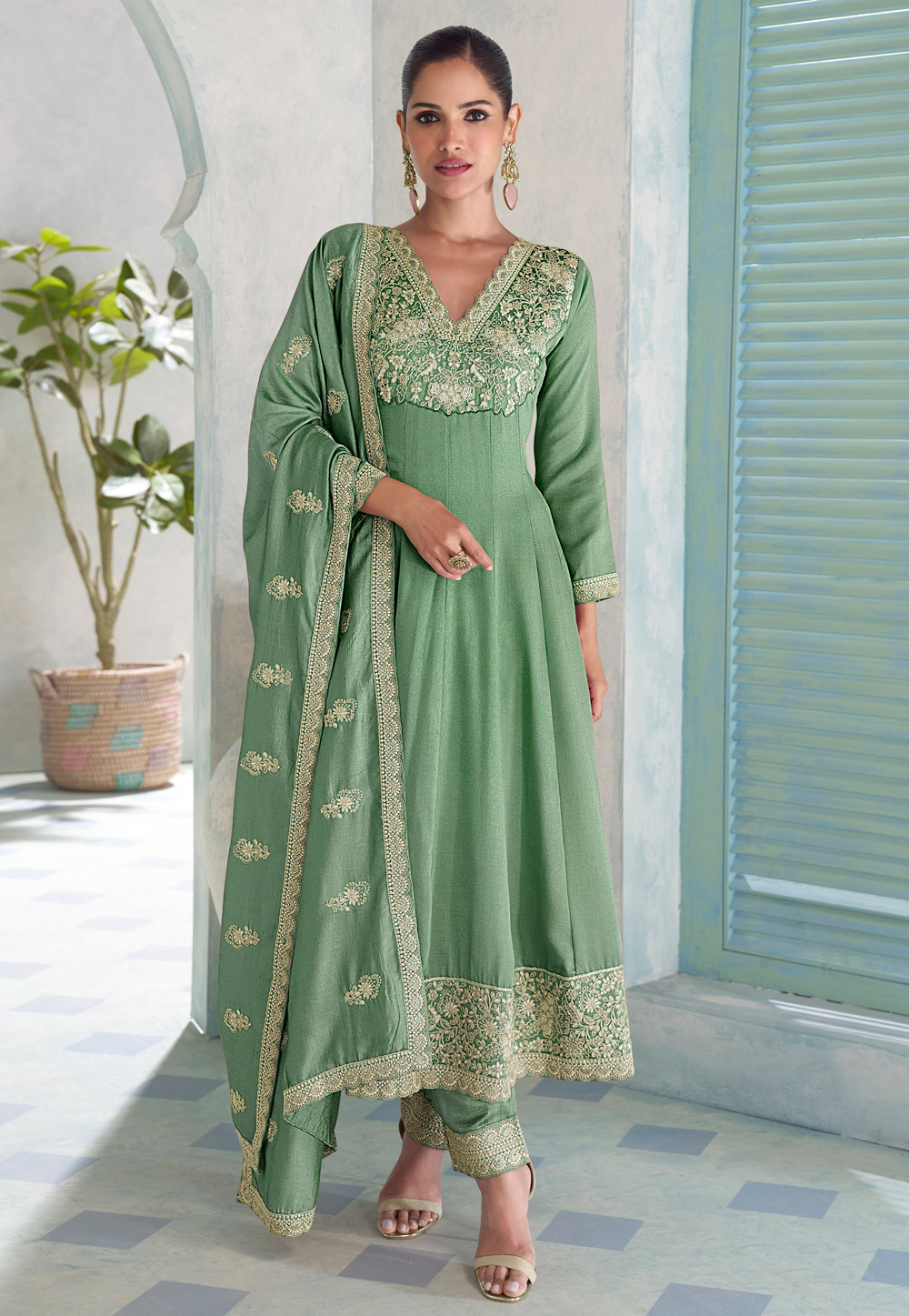 Green Silk Anarkali Suit 320409