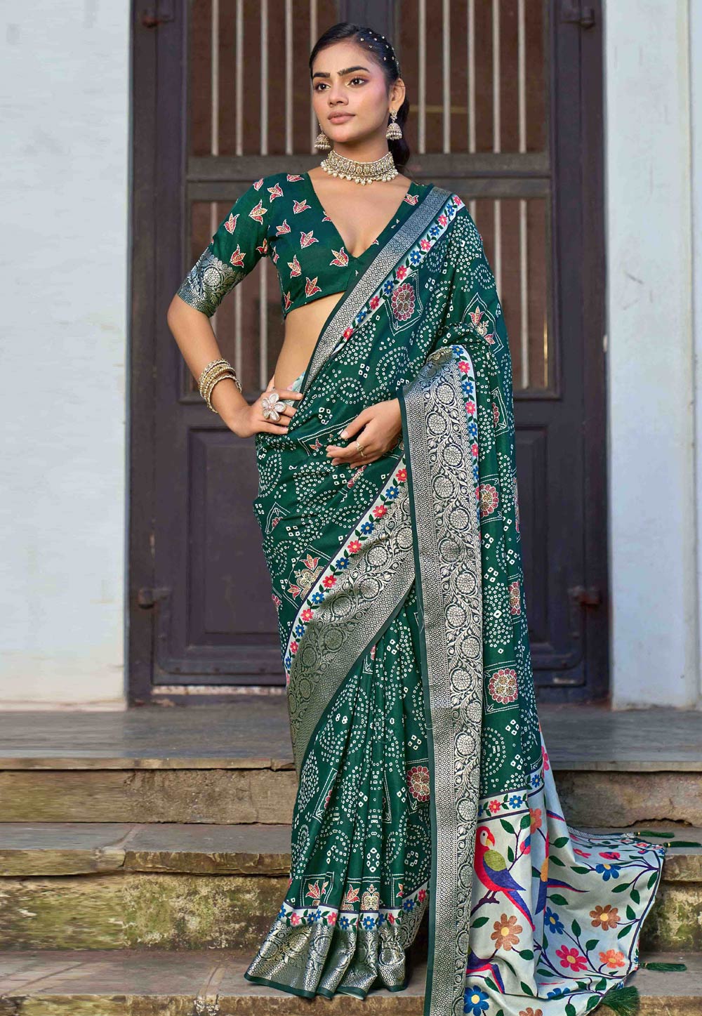 Green Silk Bandhani Print Saree 320387