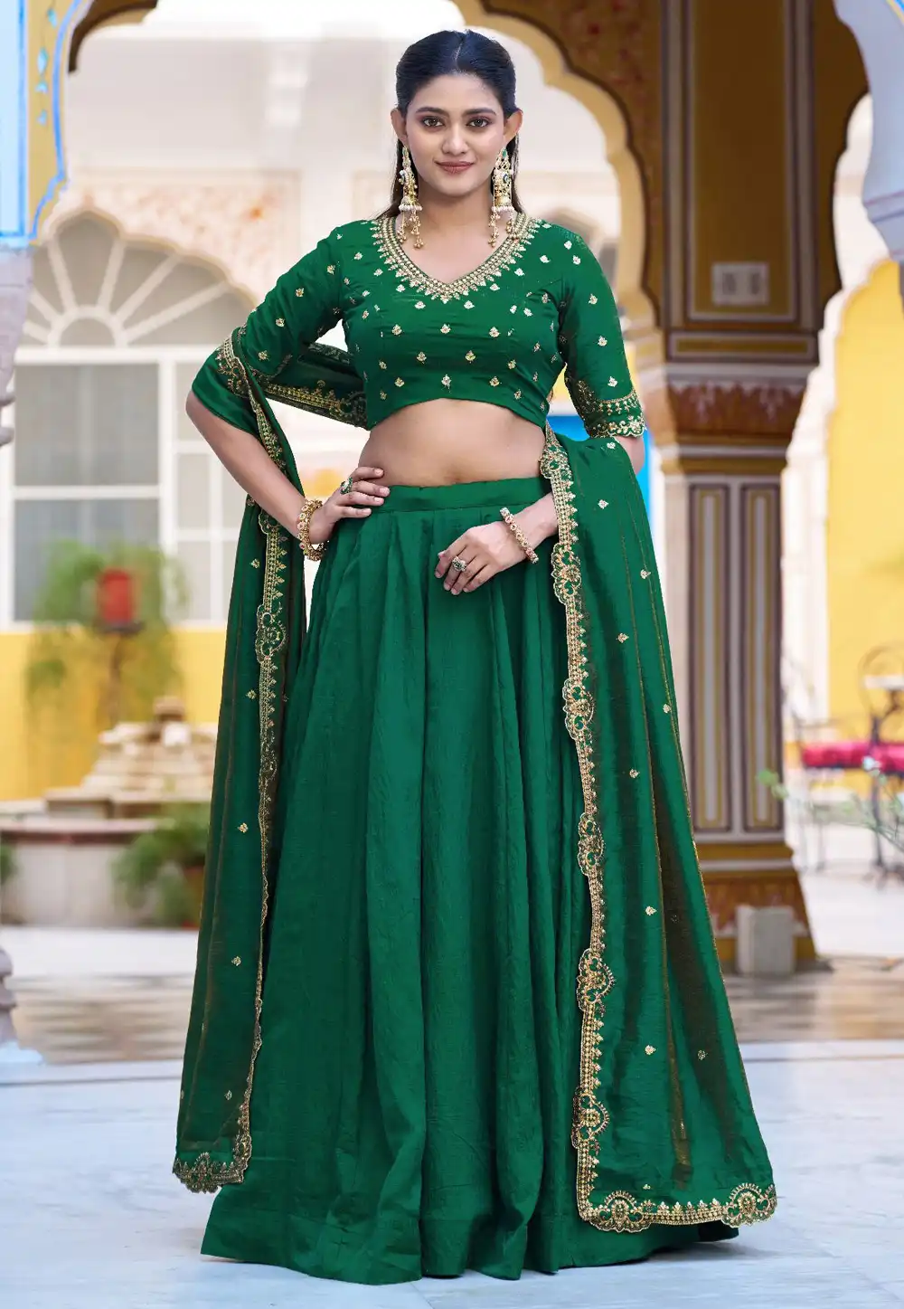 Green Silk Circular Lehenga Choli 330394