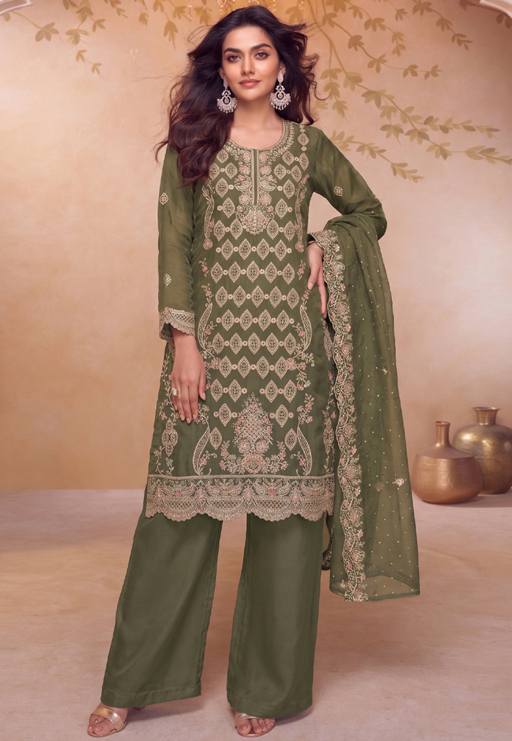 Green Silk Embroidered Pakistani Suit 329736