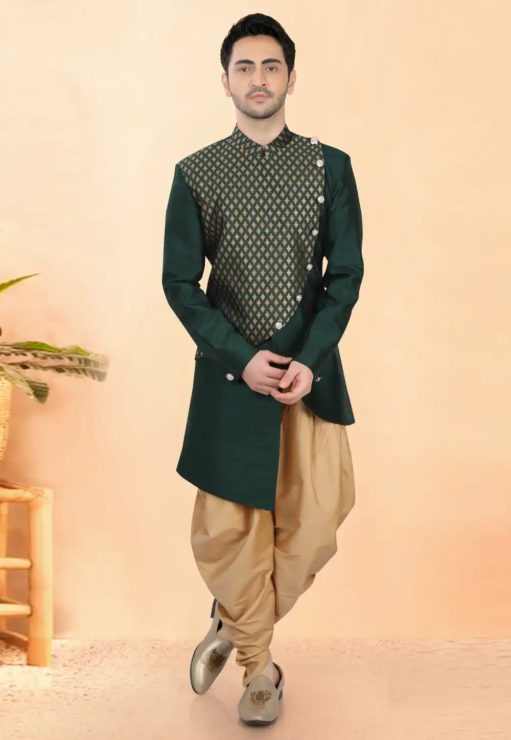 Green Silk Indo Western Suit 308636