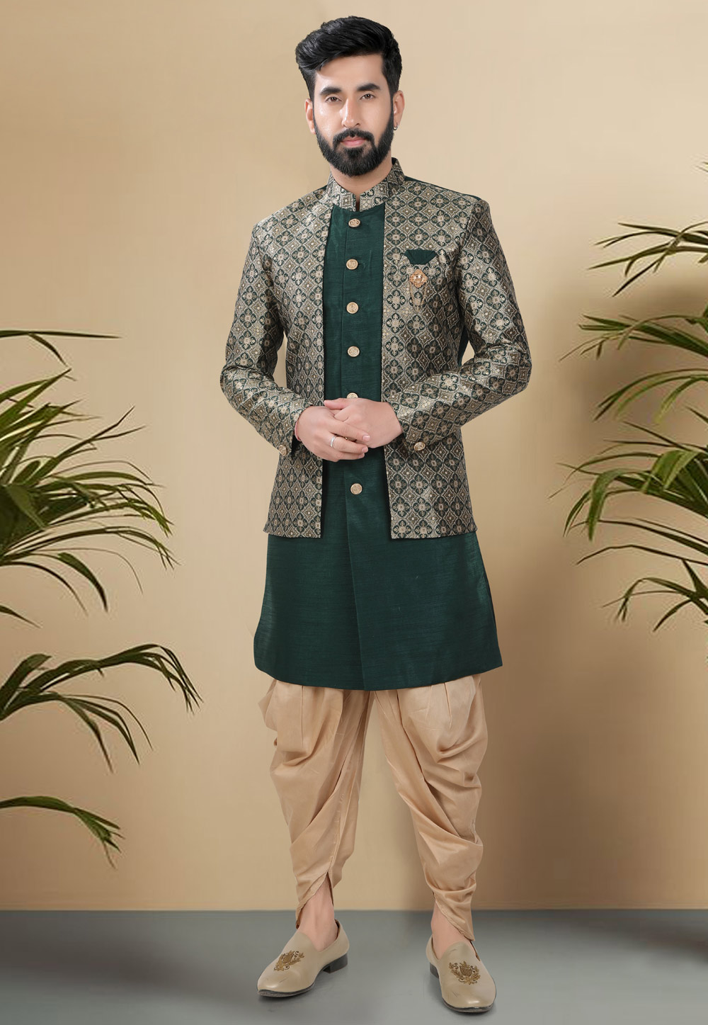 Green Silk Indo Western Suit 313105