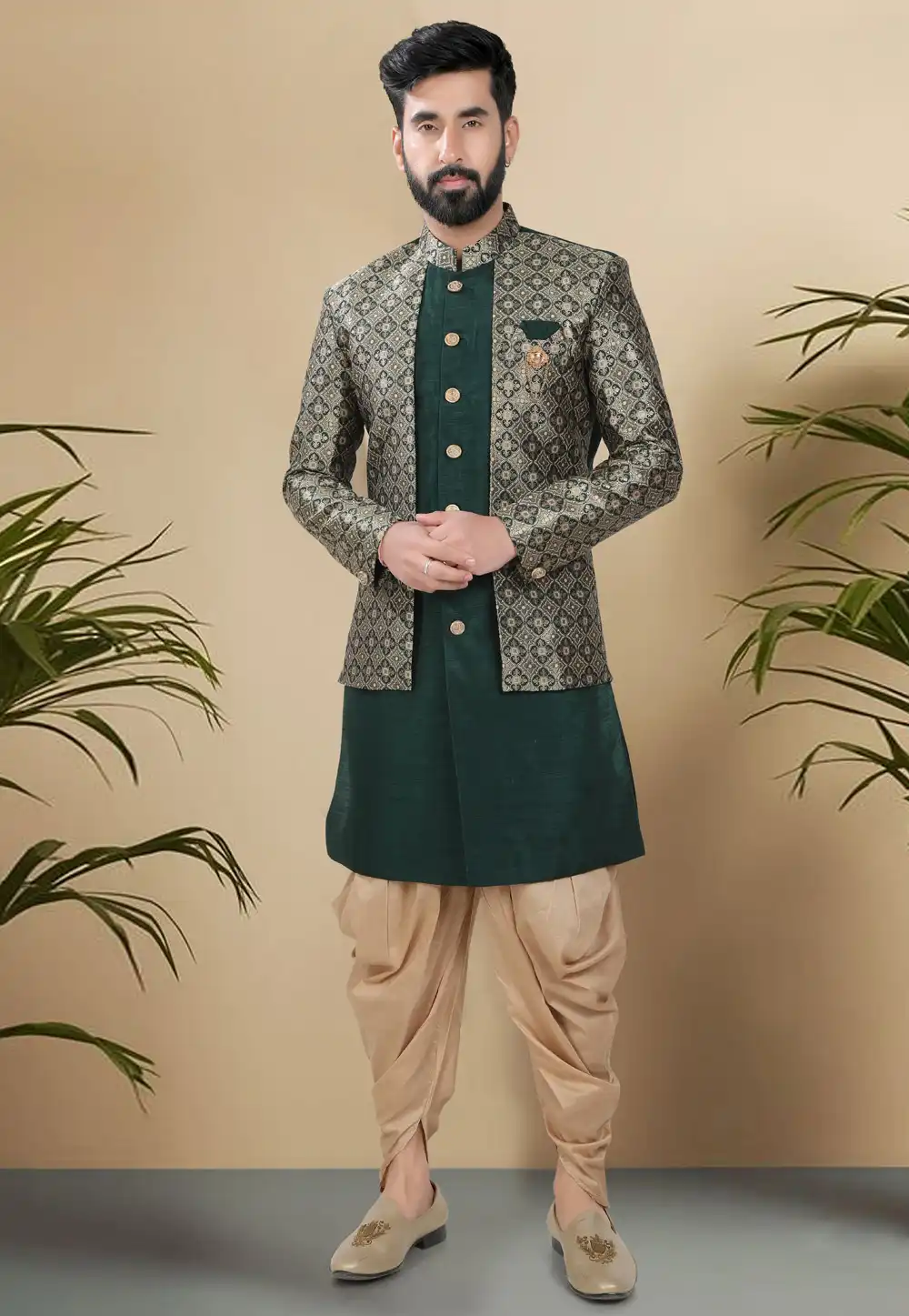 Green Silk Indo Western Suit 313105