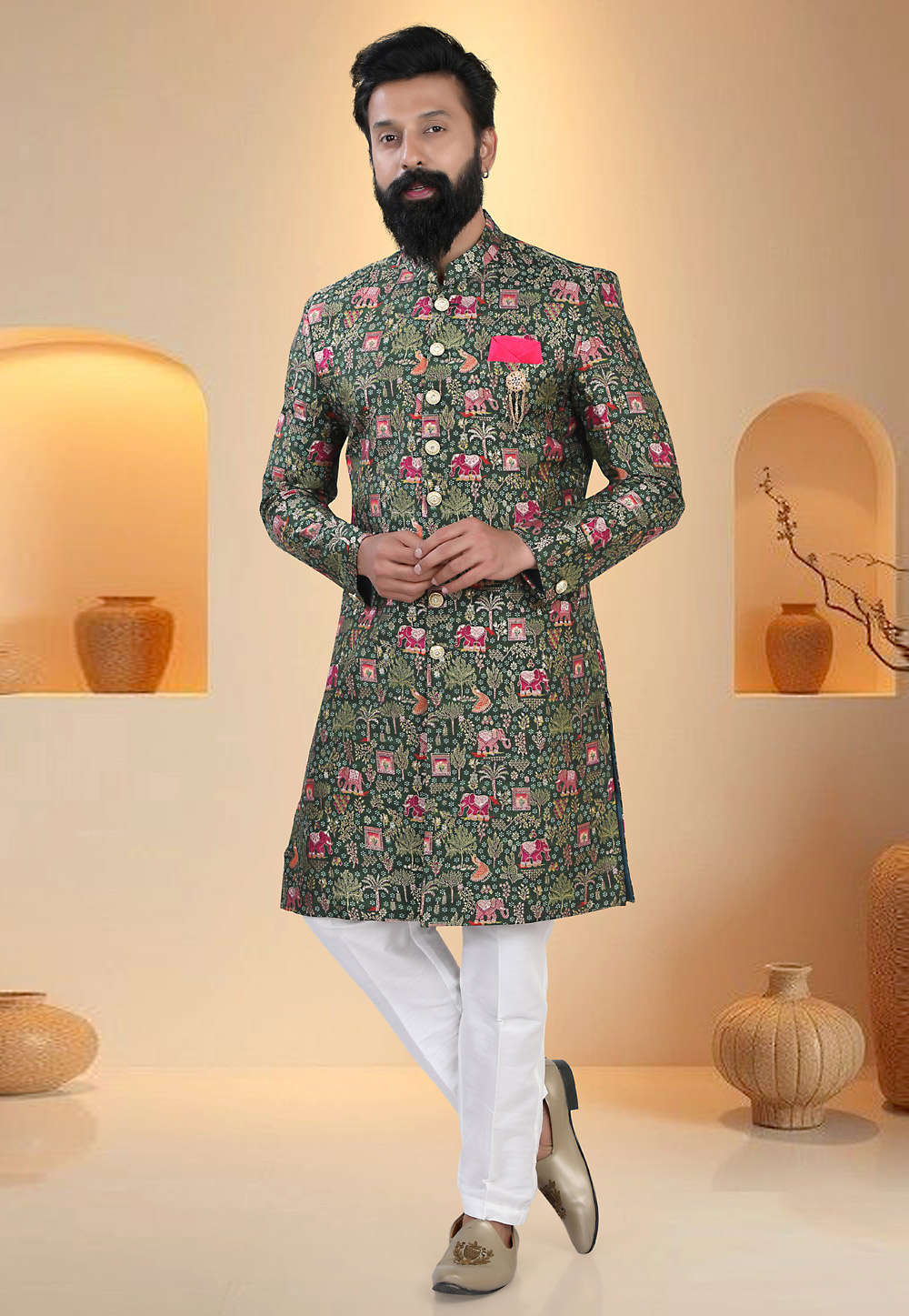 Green Silk Indo Western Suit 321306