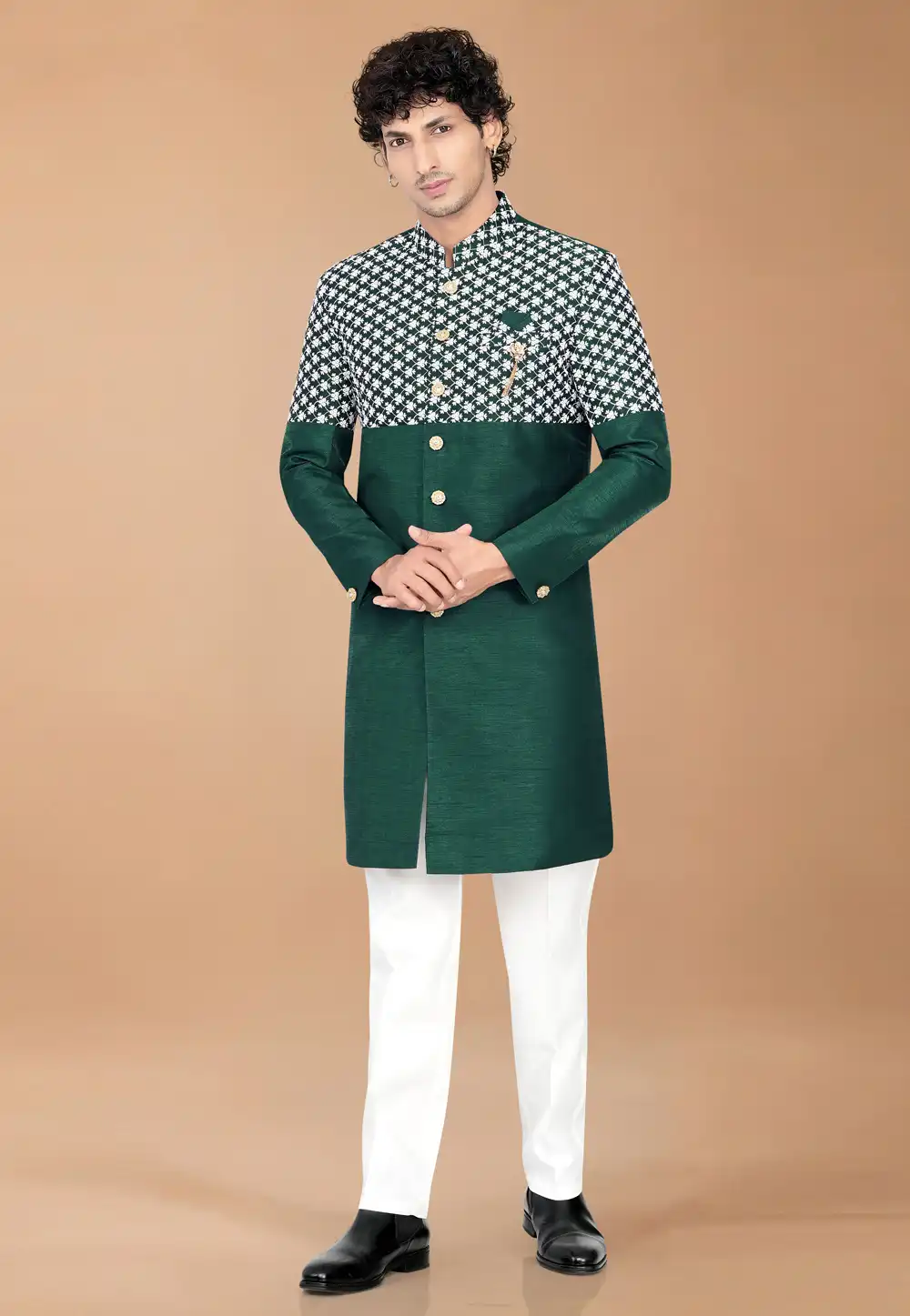 Green Silk Indo Western Suit 329877