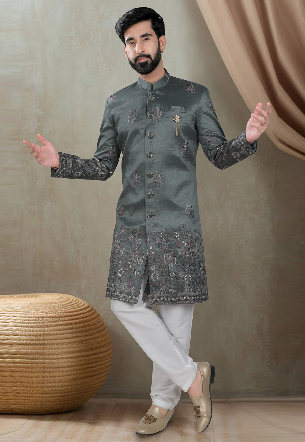 Green Silk Indo Western Suit 311723