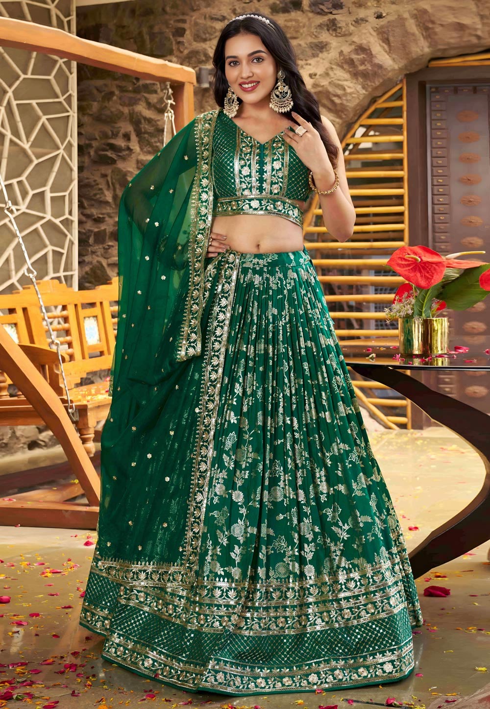 Green Silk Jacquard Lehenga Choli 312565
