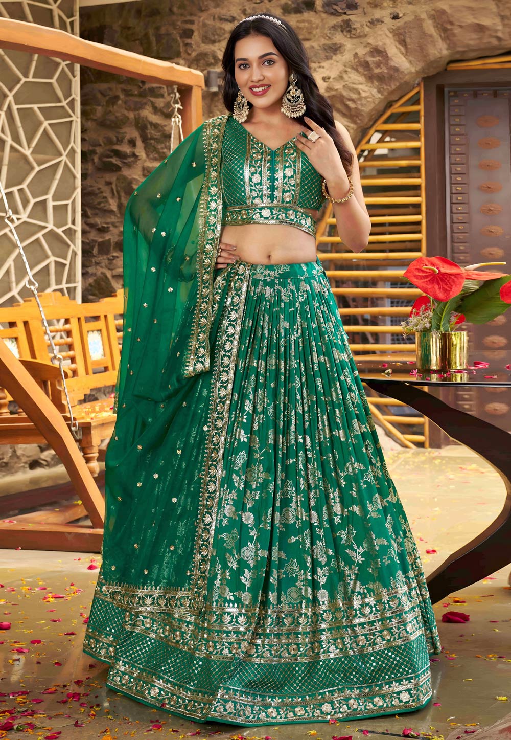 Green Silk Jacquard Lehenga Choli 312565