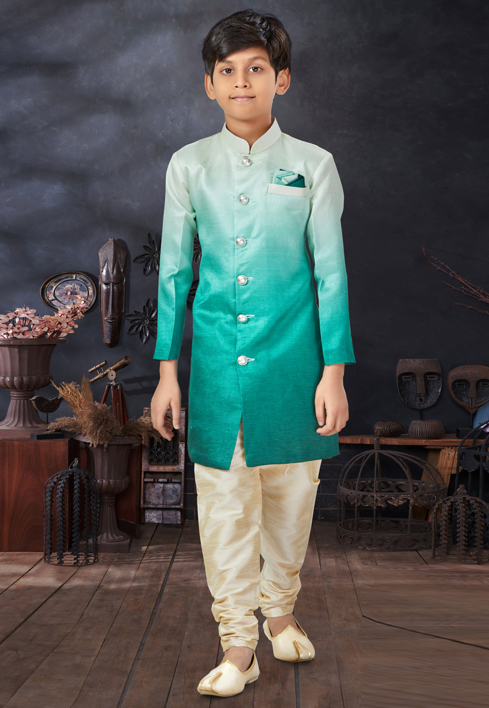 Green Silk Kids Indo Western Sherwani 279098