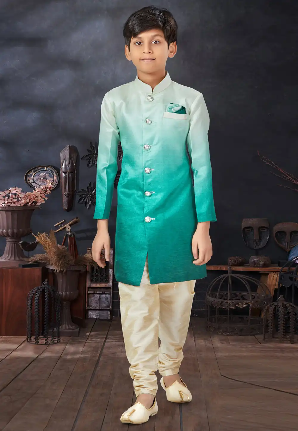 Green Silk Kids Indo Western Sherwani 279098