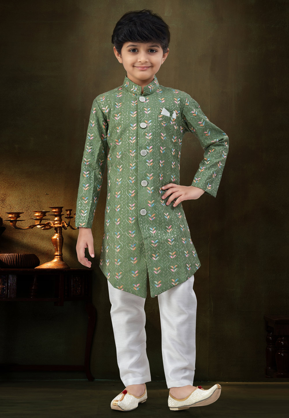 Green Silk Kids Indo Western Suit 328705